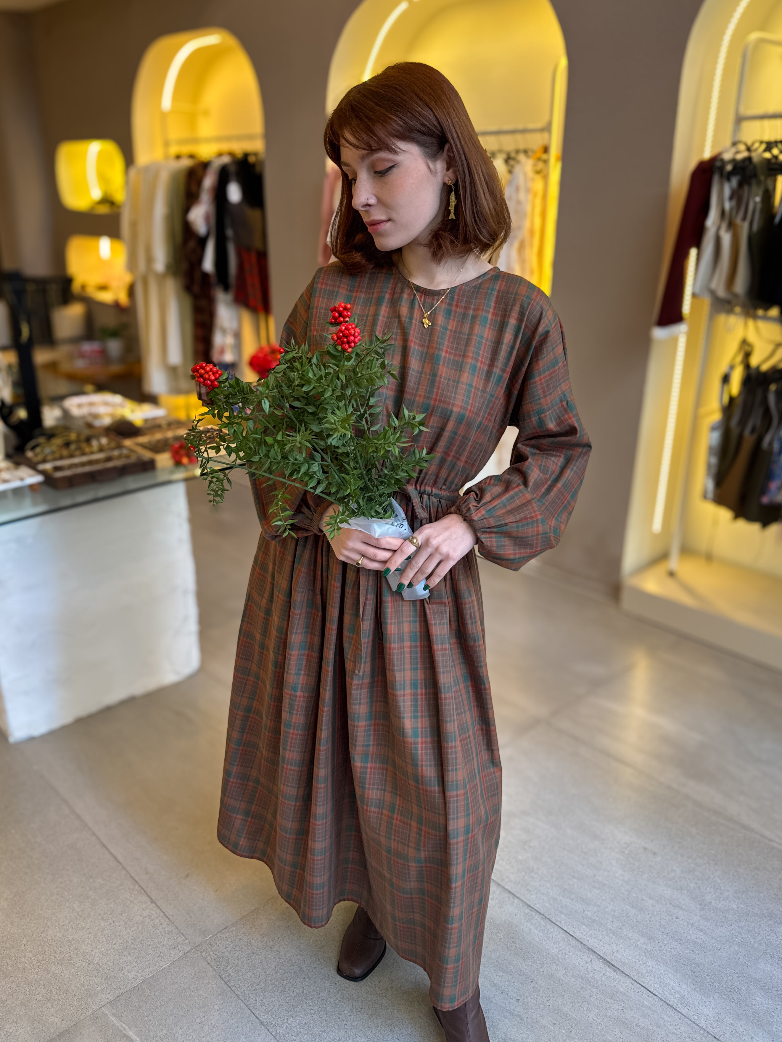 Salaş Kızıl-Yeşil Ekose Elbise