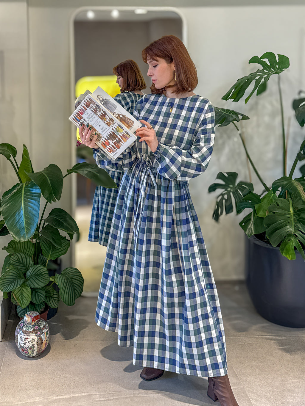 Salaş Yeşil- Lacivert Ekose Elbise