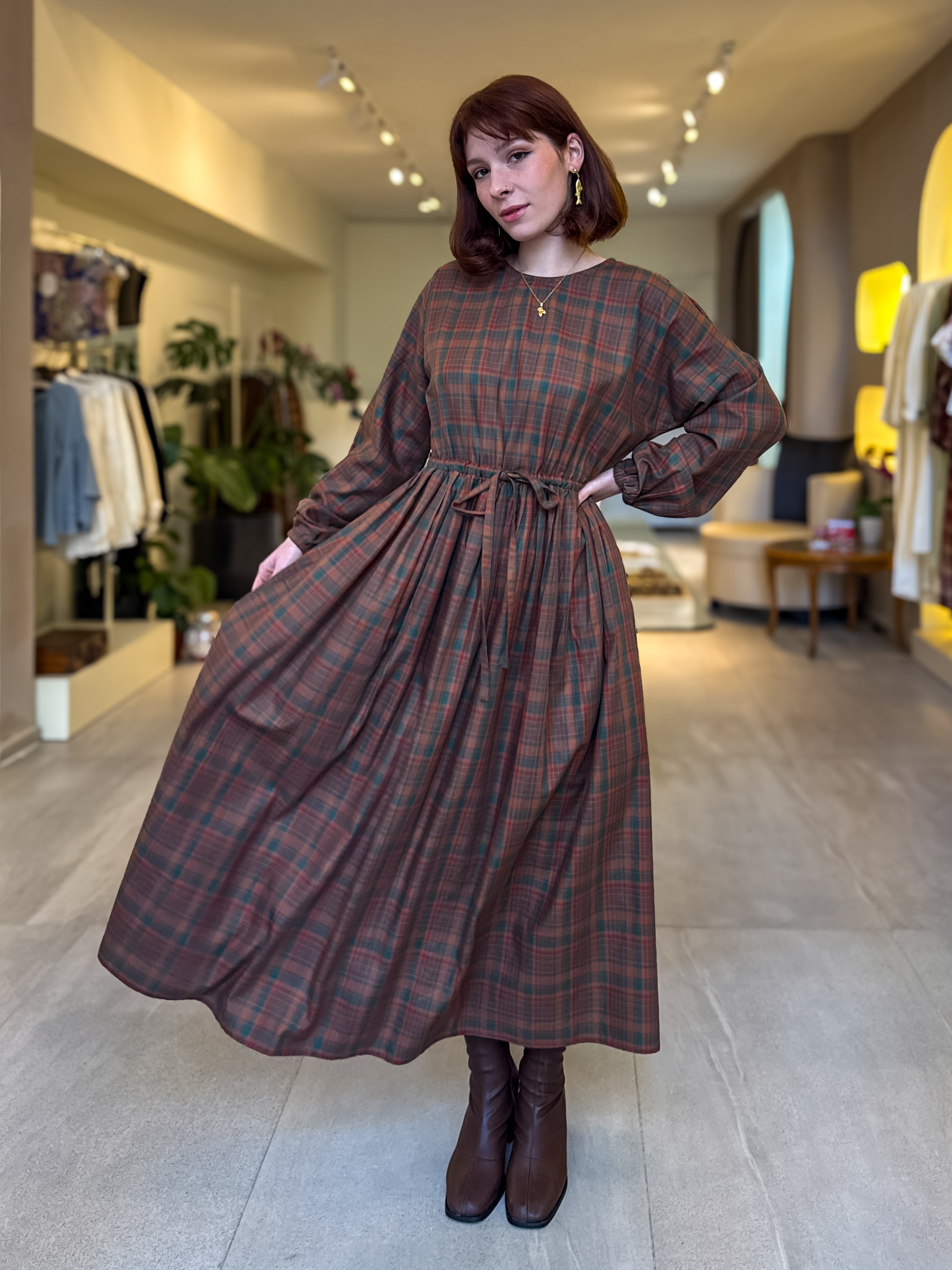 Salaş Kızıl-Yeşil Ekose Elbise