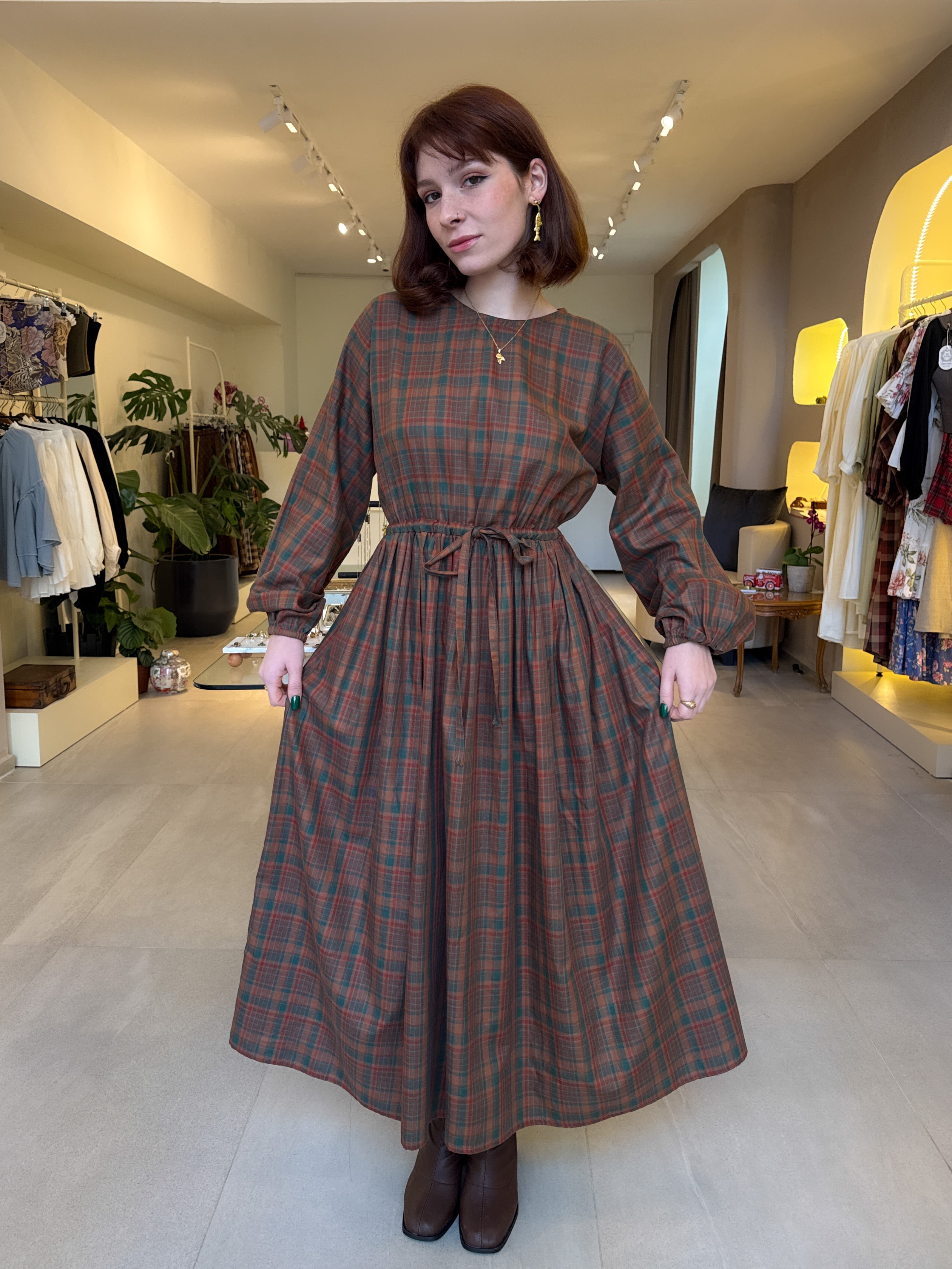 Salaş Kızıl-Yeşil Ekose Elbise