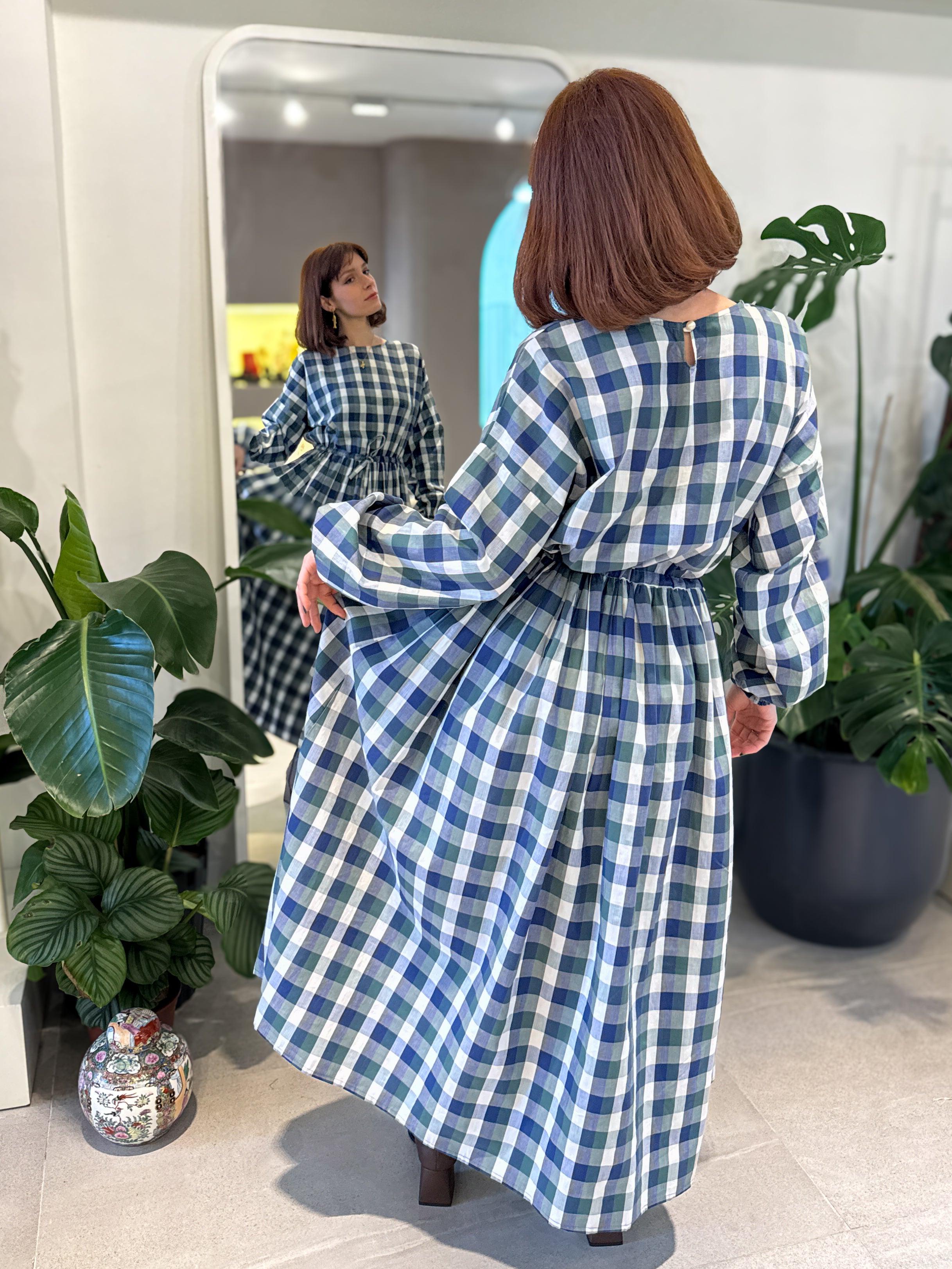 Salaş Yeşil- Lacivert Ekose Elbise