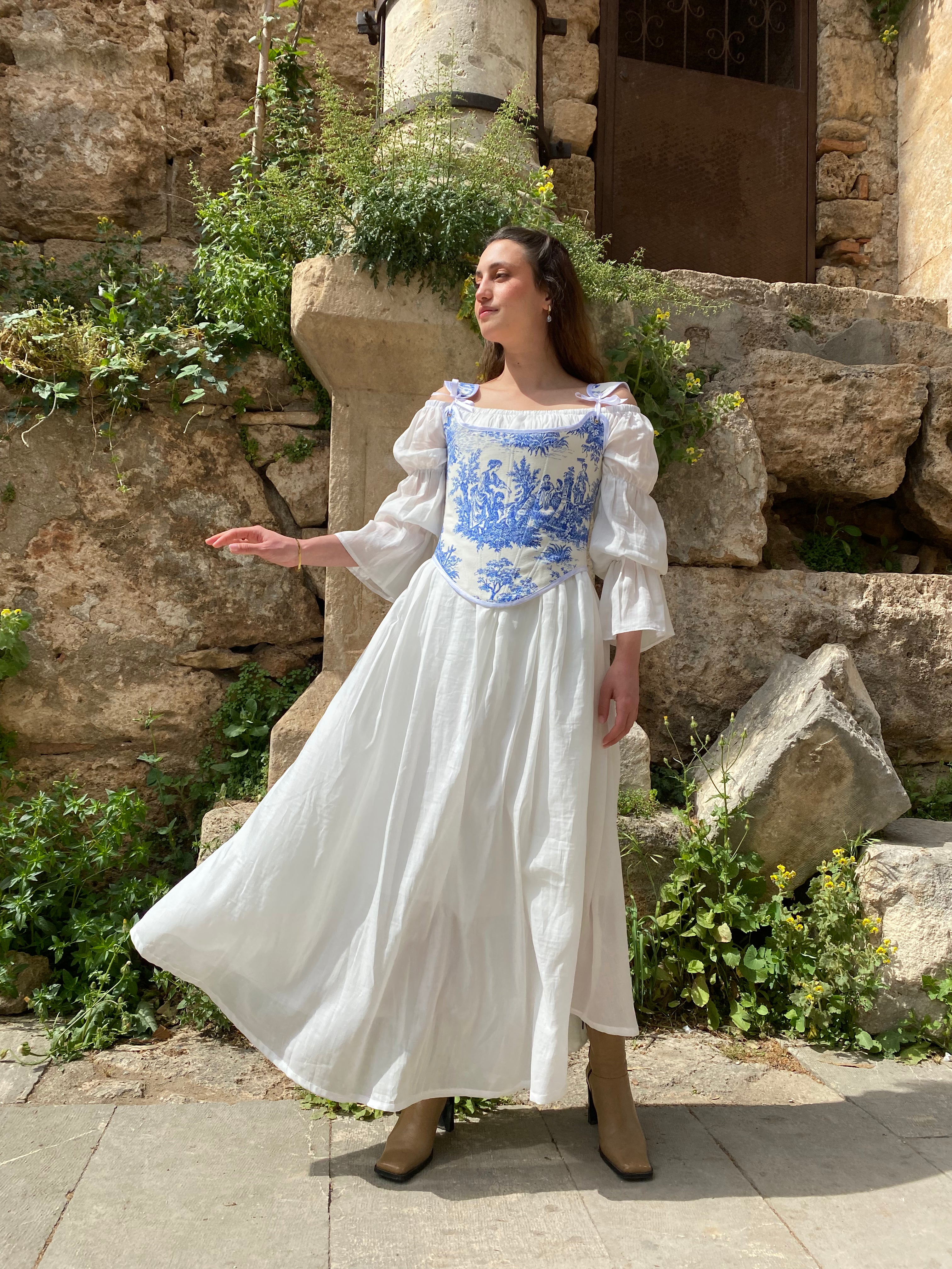 Blue Touile de Jouy Victoryen Korse-Büstiyer